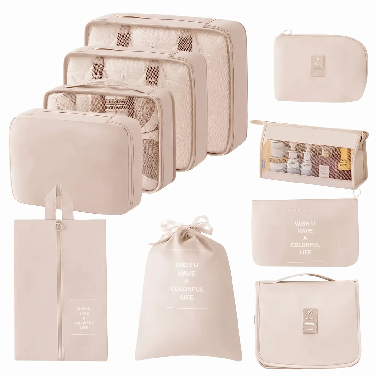 Ensemble organisateur de voyage beige 10 pièces