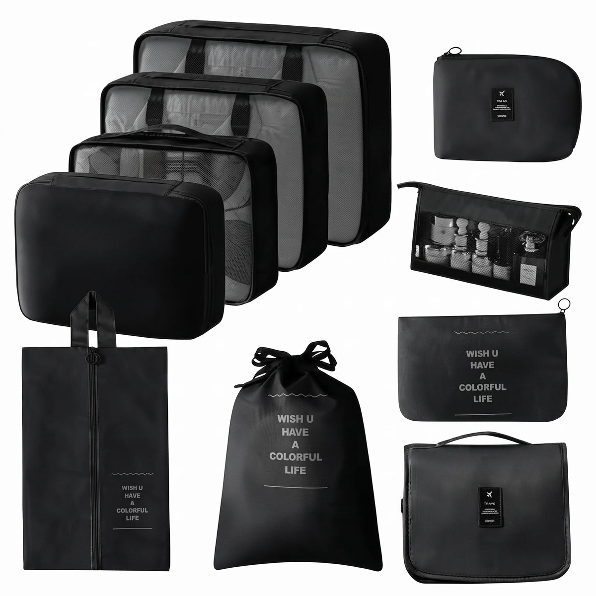 Ensemble organisateur de voyage noir 10 pièces