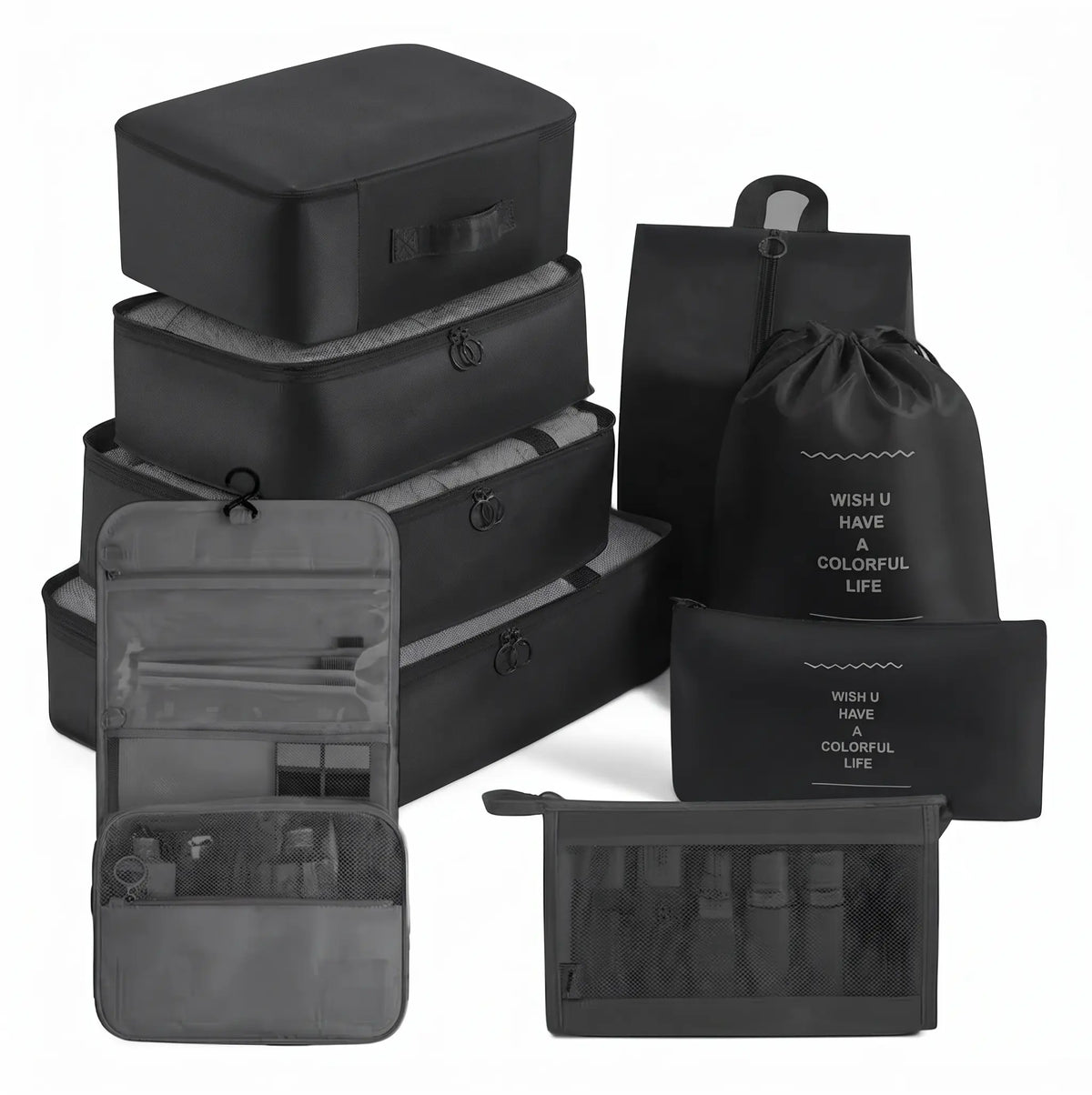 Ensemble organisateur de voyage noir 9 pièces