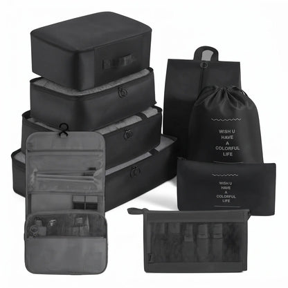 Ensemble organisateur de voyage noir 9 pièces