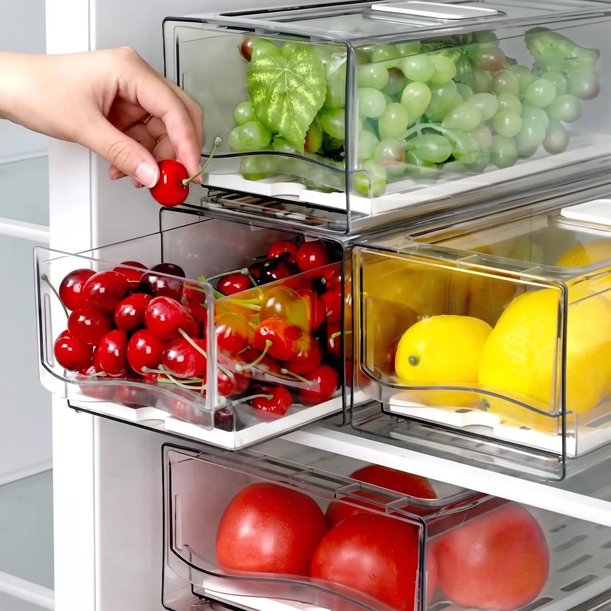 bacs de rangement réfrigérateur empilables avec des fruits et légumes 